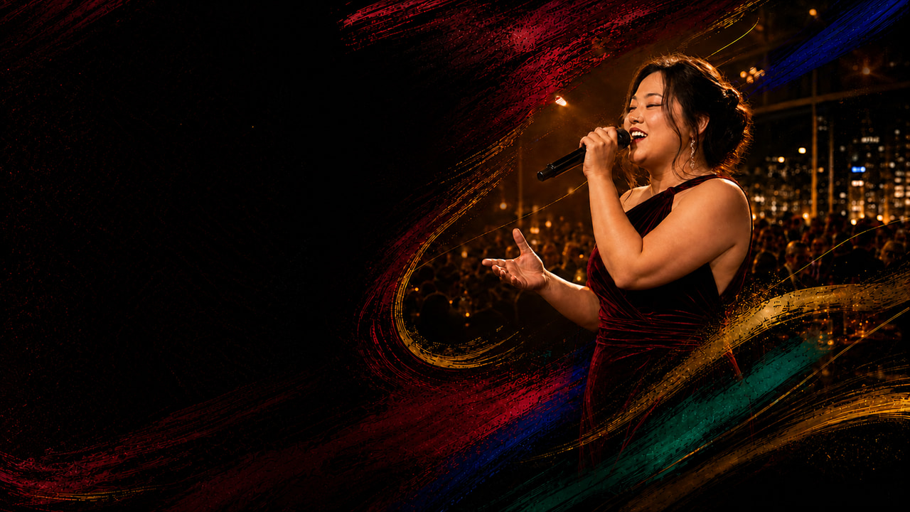 Composição artística com Tatiana Yumi cantando ao microfone em cenário de palco