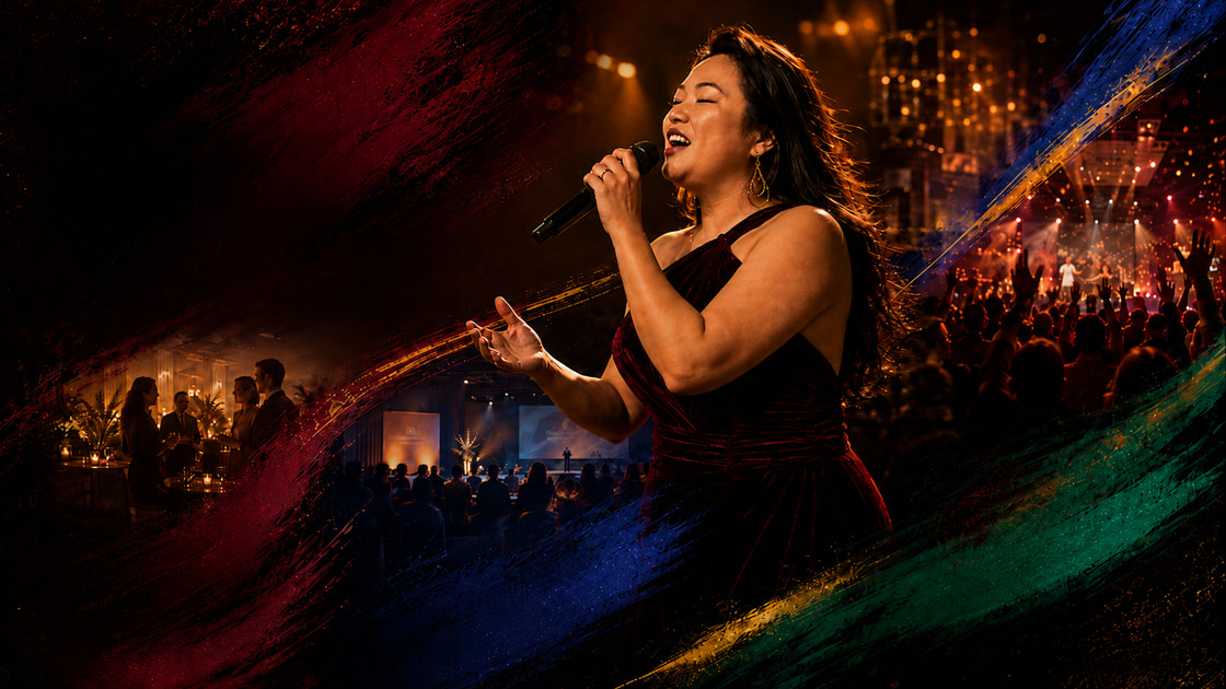 Composição artística com Tatiana Yumi e diferentes contextos de eventos corporativos
